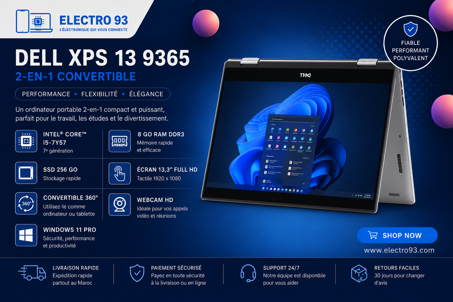 Dell XPS 13 9365 2-en-1 – i5 | 8 Go RAM | SSD 256 Go | Tactile | Windows 11